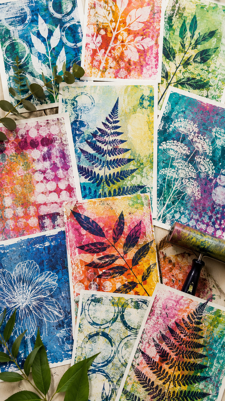 Colorful gelli plate prints with botanical textures